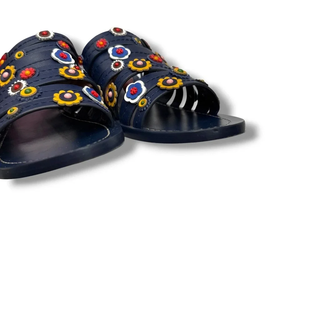Tory Burch Marguerite Sandals 8 Navy Leather Floral Summer Casual‎ Boho